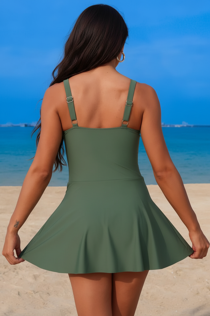 Scalloped Scoop Neck One-Piece Swim Dress | Removable Padding