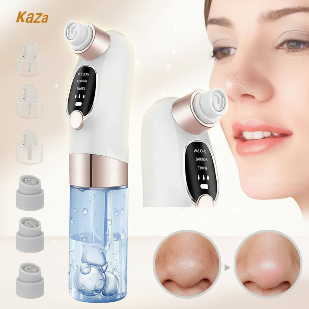 Kaza skincare device with attachments and a woman using it on her face.