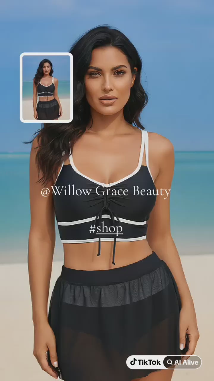 Contrast Trim Drawstring Swim Set